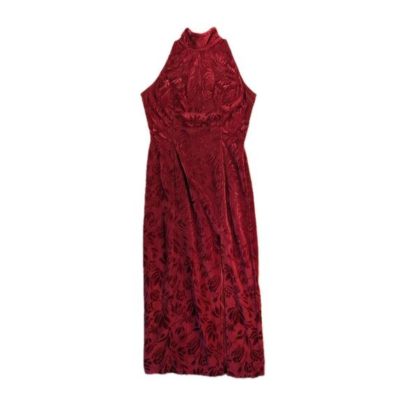 Howard Hartsfield Maxi Dress M Red Velvet Floral 90s Halter Mock Neck Slit - Picture 1 of 10